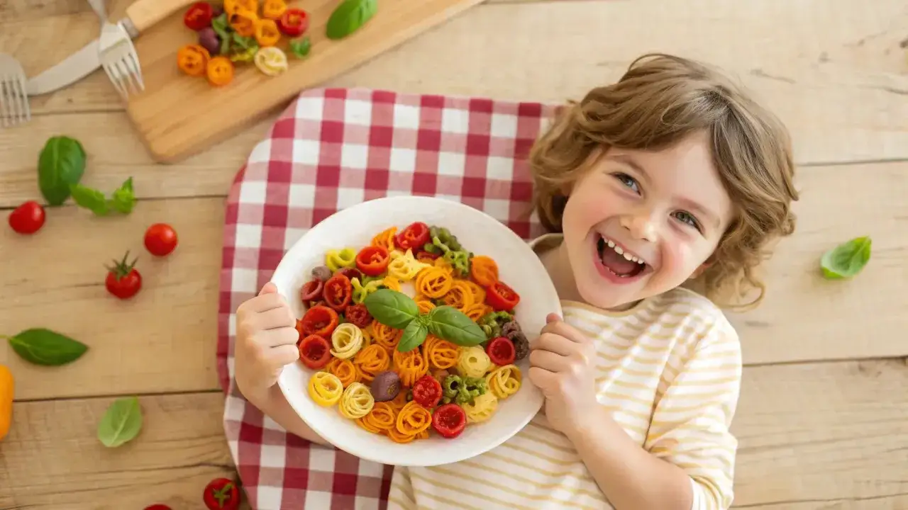 Glückliches Kind hält bunte Nudeln mit Tomaten. Perfekt für schnelle Pasta Rezepte Kinder!