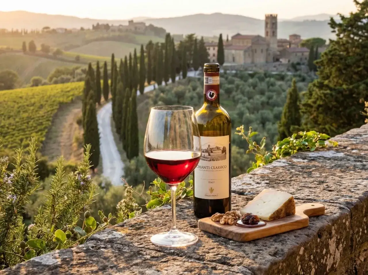 Ein Glas Rotwein, eine Flasche Chianti Classico und K&auml;se auf einem Holzbrett vor malerischer toskanischer Landschaft. Die Chianti Rebsorte entfaltet sich hier in voller Pracht.