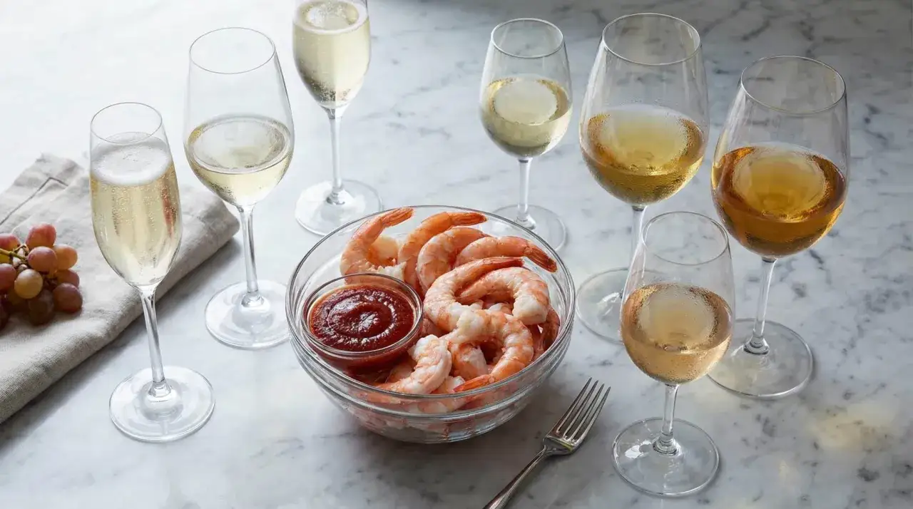 Ein festliches Arrangement mit Garnelen, Cocktailsoße, Trauben und mehreren Gläsern prickelndem Wein. Perfekt für den Genuss von Wein zu Garnelen.