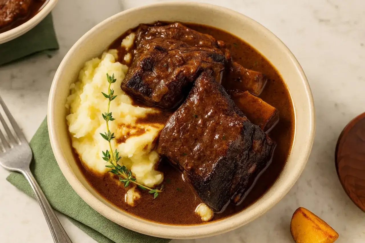 Schmorrippchen in dunkler Sauce mit Kartoffelp&uuml;ree, garniert mit Thymian. Ein Festmahl, das an die Aromen eines guten Barolo Rebsorte erinnert.