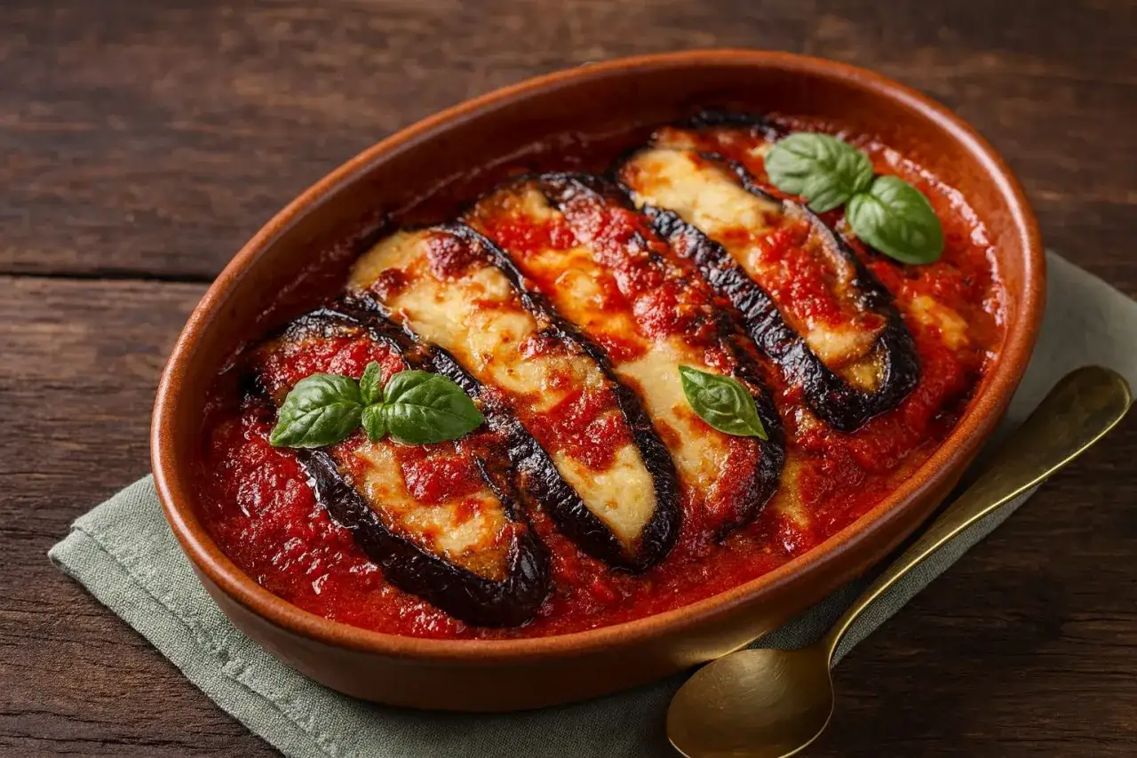 Gebackene Auberginenscheiben in Tomatensauce mit Käse und Basilikum, ein Beweis für die besten Rezepte mit Auberginen.