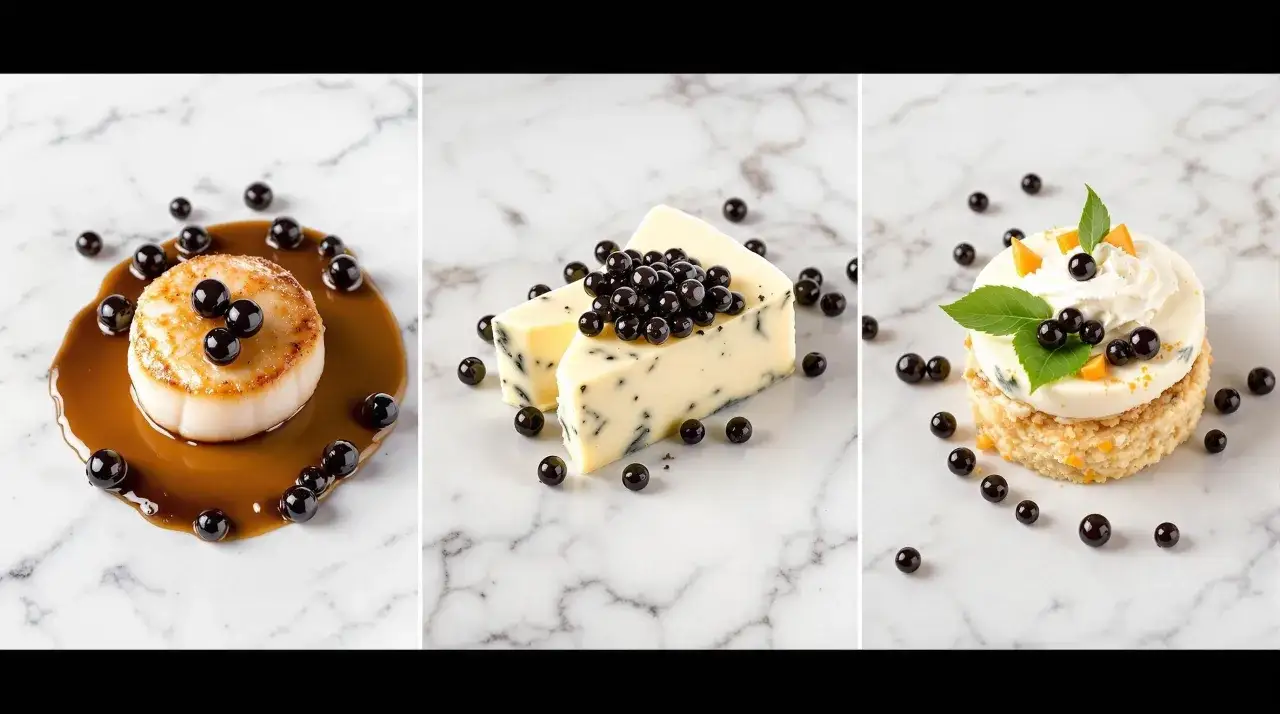 Balsamico-Perlen auf Jakobsmuschel, Käse und Dessert.