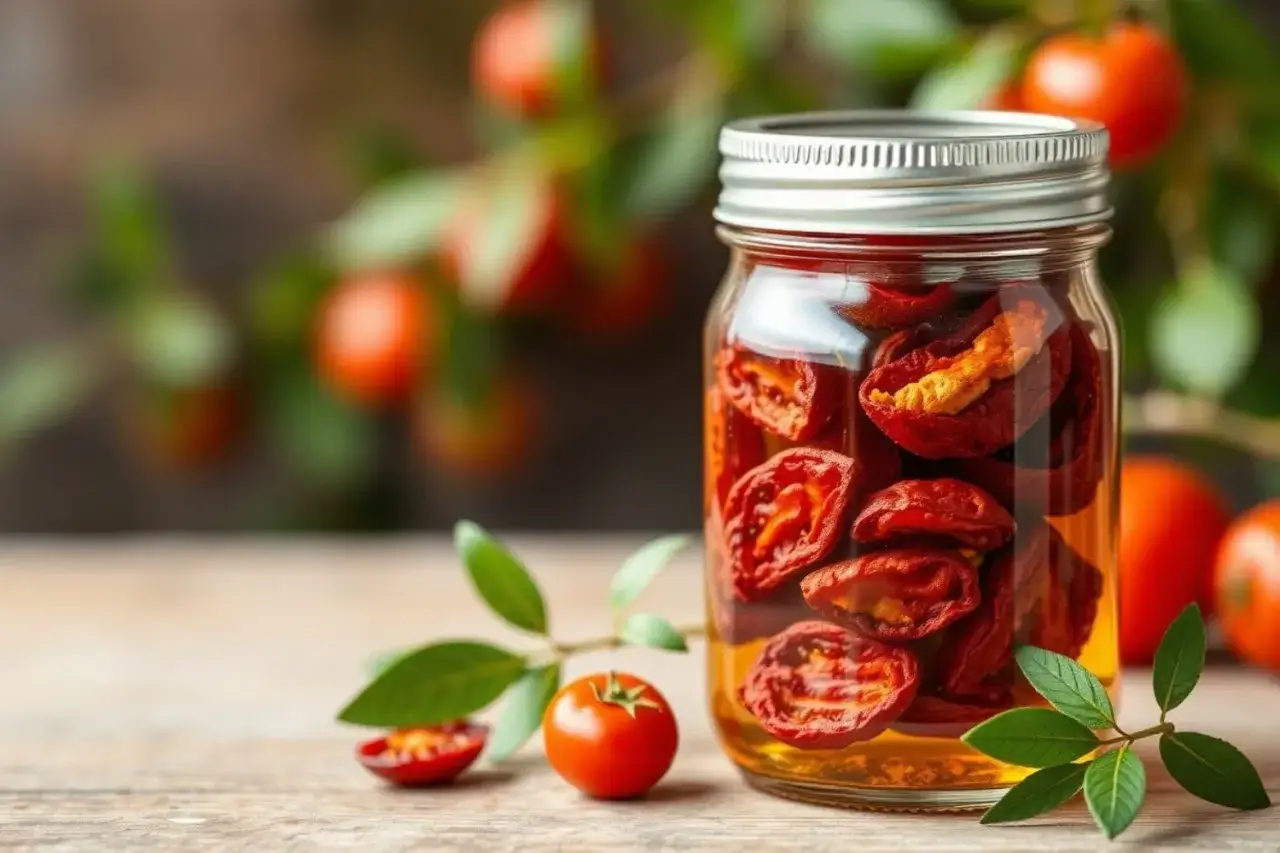 Glas mit halbtrockenen Tomaten in Öl, daneben frische Tomaten und Blätter.