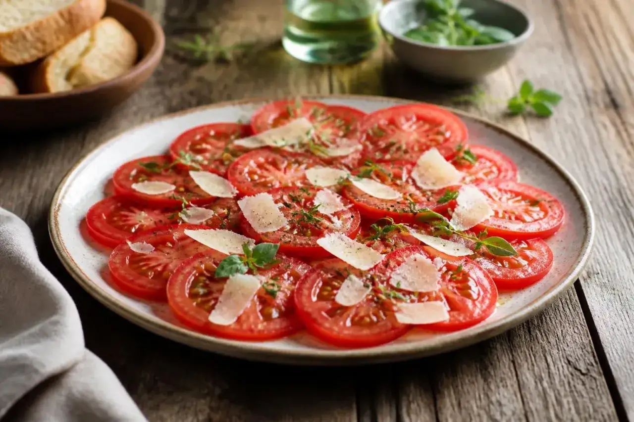 Tomaten Carpaccio mit Parmesan und frischen Kräutern, serviert auf einem Teller mit Brot und Sauce im Hintergrund.