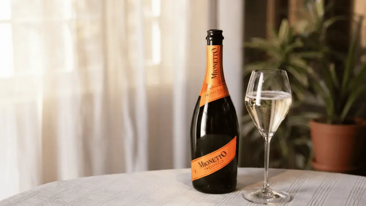 Flasche Mionetto Prosecco und ein Glas mit prickelndem Wein. Wer auf Prosecco Kalorien achtet, kann hier die Menge gut einsch&auml;tzen.