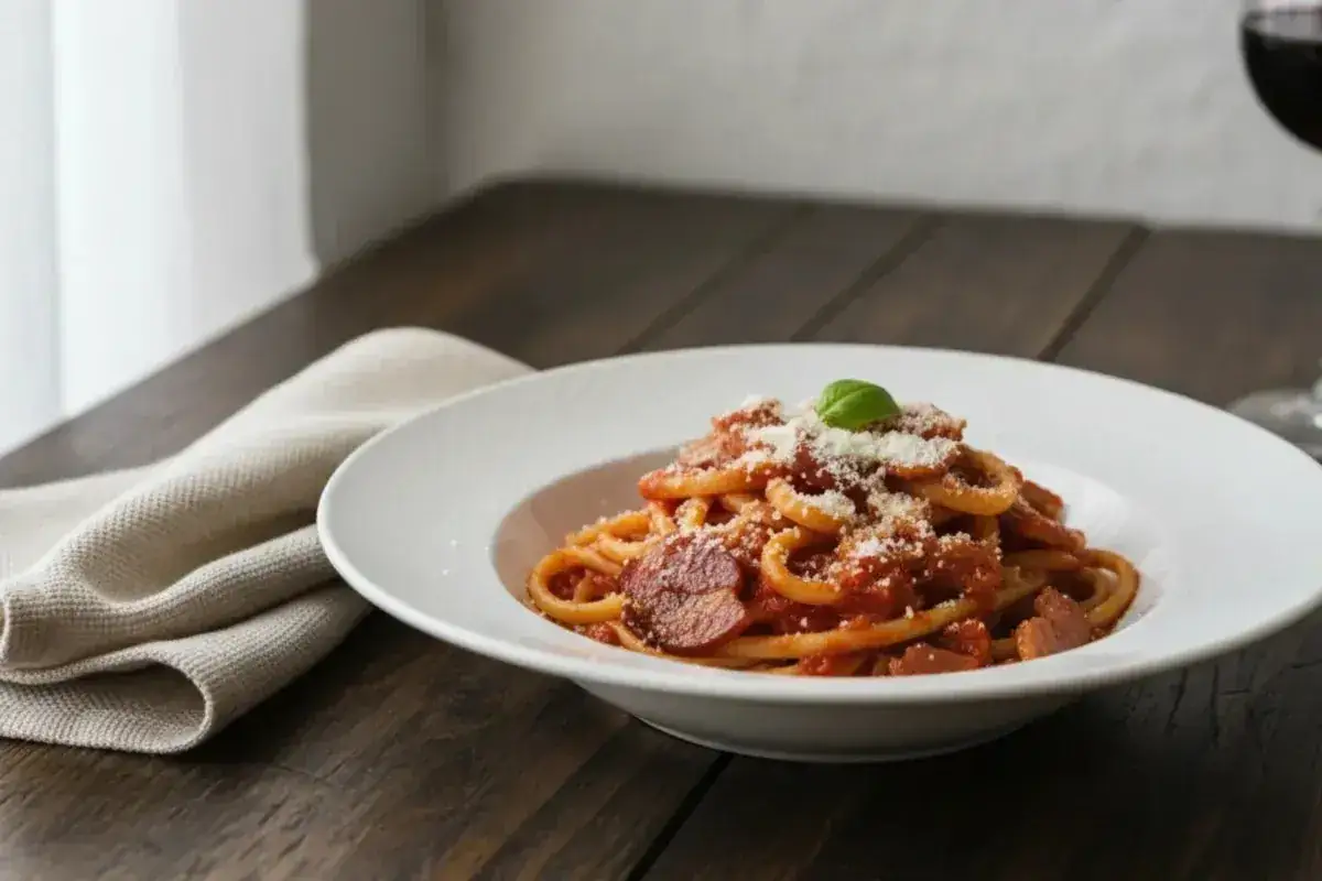 Ein Teller Spaghetti all'Amatriciana, garniert mit Parmesan und Basilikum, auf einem Holztisch.