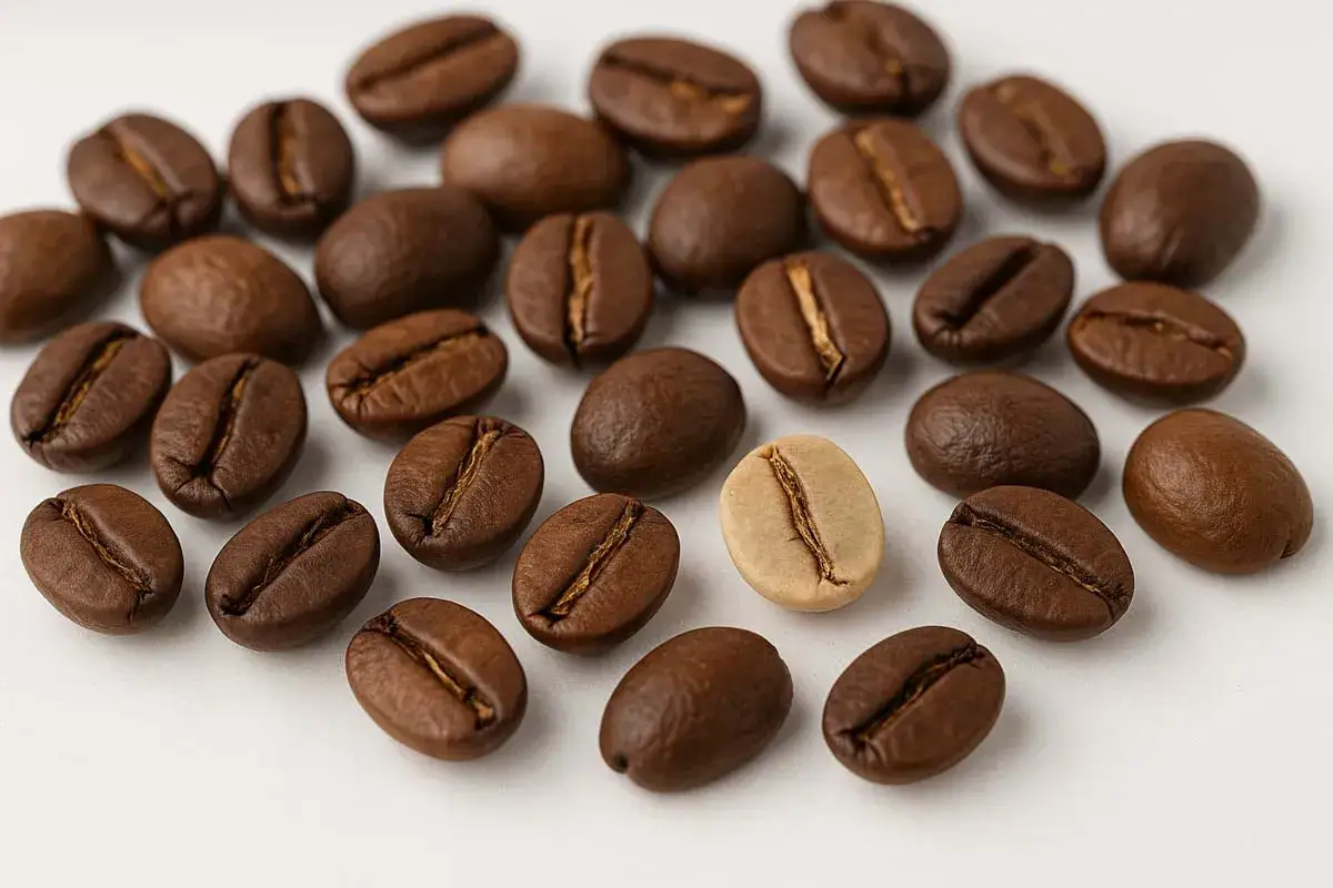 Eine Auswahl an gerösteten Kaffeebohnen, eine davon ungeröstet, liegt auf hellem Untergrund.