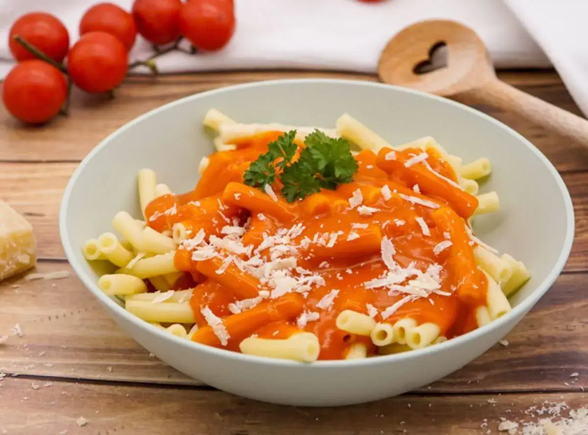 Ein Teller Pasta mit einer leuchtend roten, traditionellen Tomatensauce, garniert mit Parmesan und Petersilie.