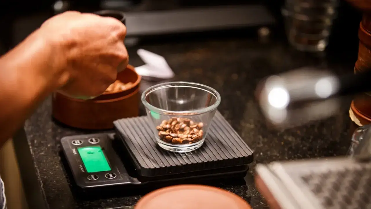 Eine Hand wiegt Kaffeebohnen ab, um das perfekte Verh&auml;ltnis von Kaffeepulver auf 1 Liter Wasser zu ermitteln.