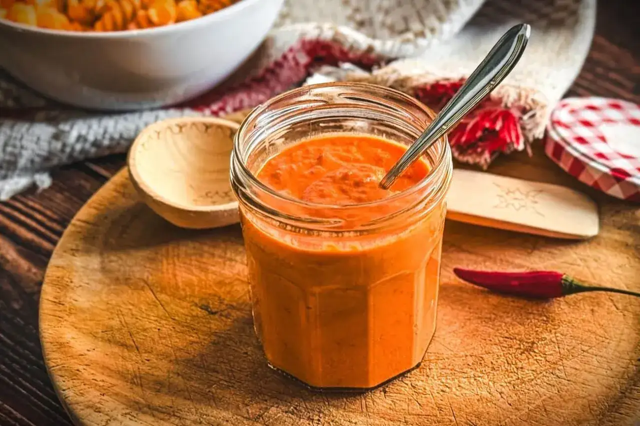 Glas mit cremigem Paprika Pesto, L&ouml;ffel darin. Daneben eine Chilischote und eine Holzschale.