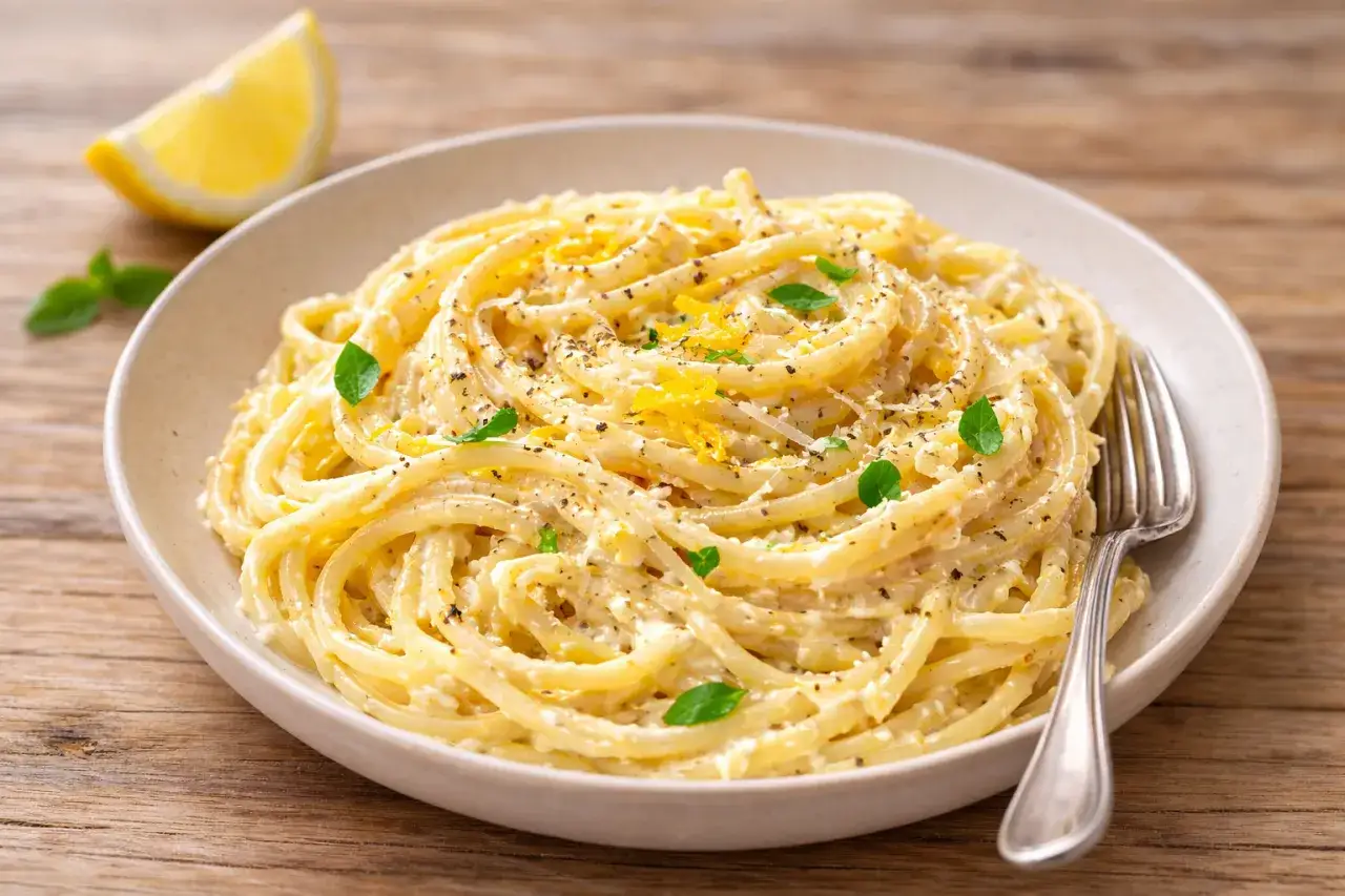 Cremige Ricotta Zitronen Pasta, garniert mit frischer Minze und Zitronenschale, auf einem Teller mit einer Zitronenspalte daneben.
