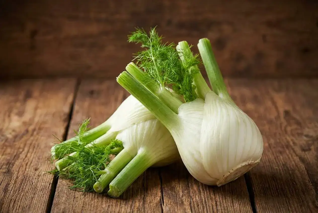 Frischer Fenchel, bereit für die Saison, liegt auf rustikalem Holz.