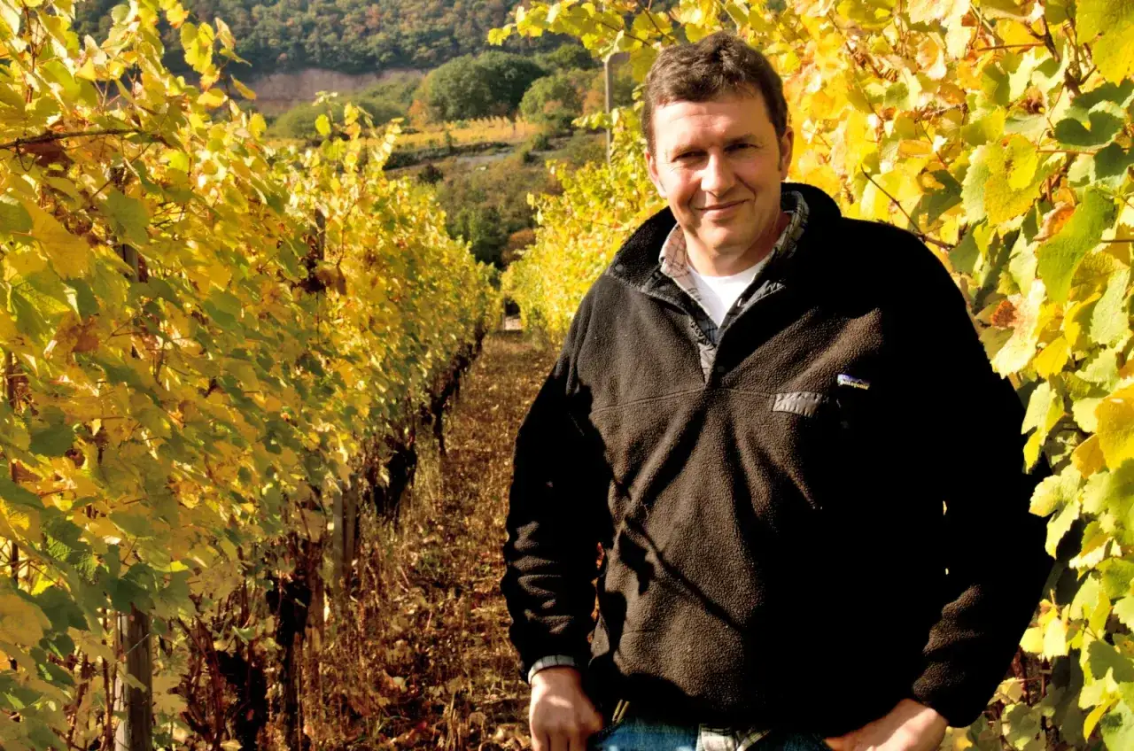 Winzer im Herbstlicht, umgeben von goldenen Weinreben. Er steht f&uuml;r die Leidenschaft und Sorgfalt, die in jedem Tropfen biodynamischer Wein steckt.