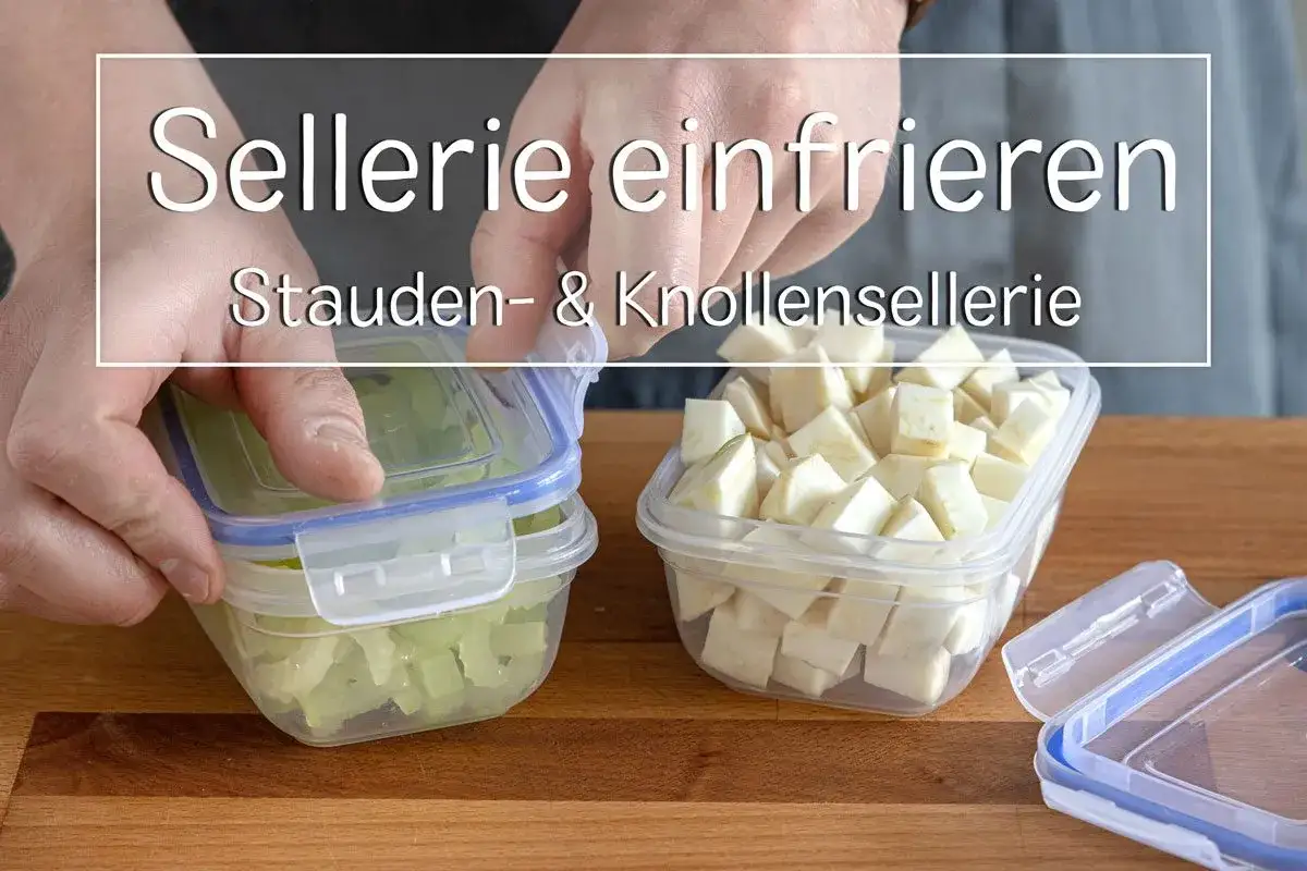 H&auml;nde bereiten stangensellerie und Knollensellerie zum Einfrieren vor, indem sie sie in Frischhaltedosen f&uuml;llen.