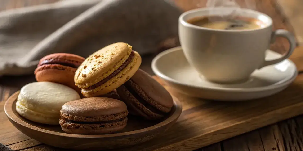 Bunte Macarons auf einem Holzbrett, daneben eine dampfende Tasse Kaffee. Perfekte kekse zum kaffee.
