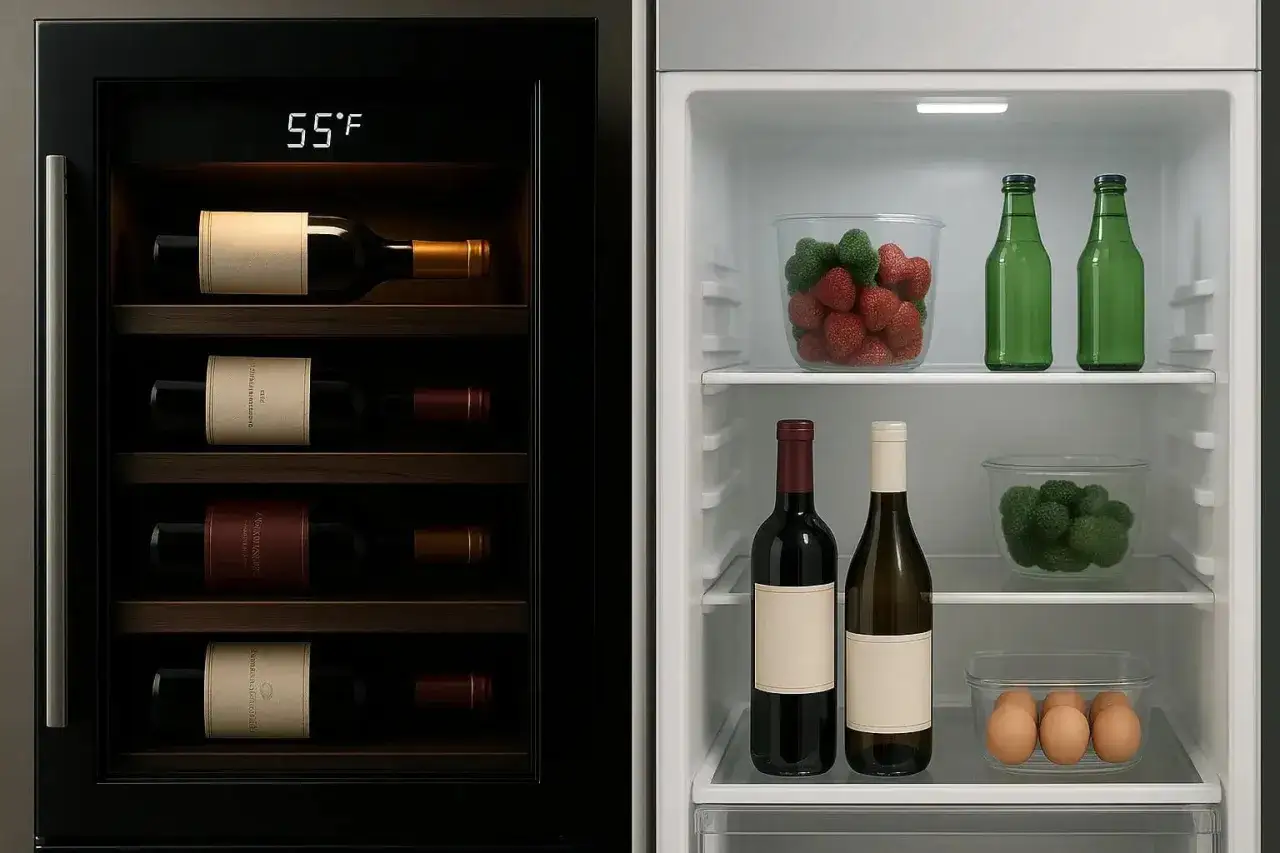 Weinkühler und Kühlschrank mit Rotwein, Erdbeeren, Brokkoli und Eiern. Die Frage