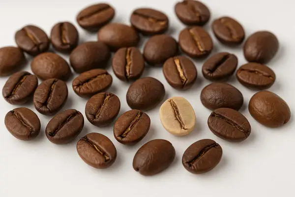 Ein **ausschuss bei kaffeebohnen**? Nein, nur eine helle Bohne inmitten vieler dunkler, gerösteter Kaffeebohnen auf weißem Grund.